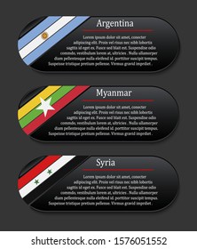 Banner button country flag national set Argentina Myanmar Syria