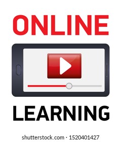 Banner or button for downloading online learning. Vector illustration of smartphone with red play button.