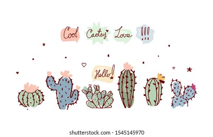 Banner with cacti and words in speech bubbles. Retro style, flat design. Cute party invitation, plant store, children s party. Vector stock.