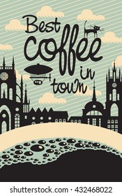 banner for a cafe with a cup of coffee and the old town