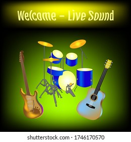 Banner for cafes and pubs with live music. Acoustic and electric guitar with drum kit. A symbol of evening relaxation.