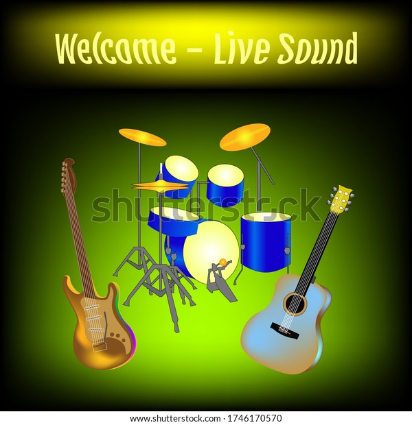 Banner for\
cafes and pubs with live music. Acoustic and electric guitar with\
drum kit. A symbol of evening\
relaxation.
