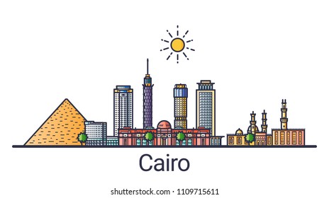 Banner of Cairo city in flat line style. Cairo city line art. All linear buildings separated and customizable.