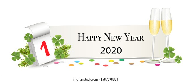 Banner with Calendar January 1st, champagne glasses, confetti, shamrock and New Year wishes,
Vector illustration isolated on white background
