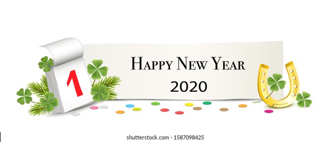 Banner with Calendar January 1st, horseshoe, confetti, shamrock and New Year wishes,
Vector illustration isolated on white background
