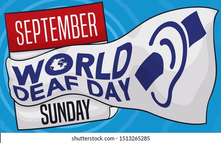 Banner with calendar wrapped with commemorative waving ribbon promoting World Deaf Day celebration the last Sunday of September.