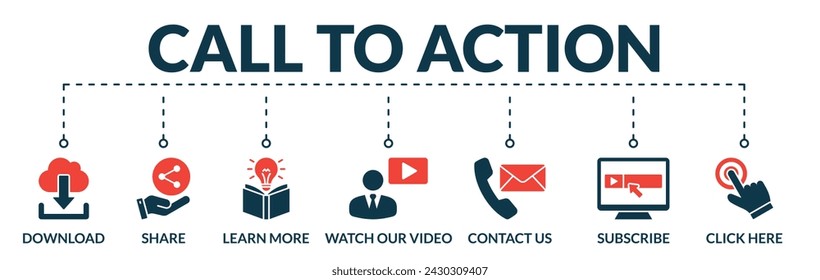 Banner of call to action web vector illustration concept with icons of download, share, learn more, watch our video, contact us, subscribe, click here