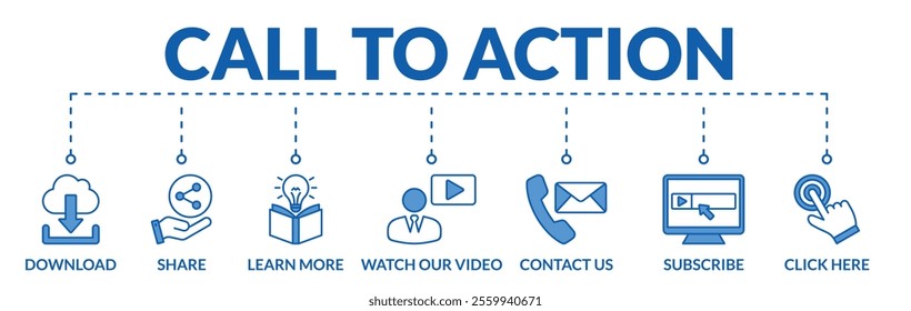 Banner of call to action web vector illustration concept with icons of download, share, learn more, watch our video, contact us, subscribe, click here