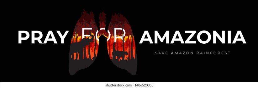 Banner Campaign Pray For Amazonia illustrated with lungs and forest fires vector