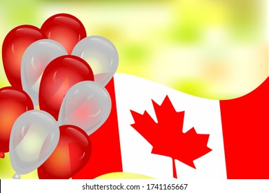 Cartel con la bandera de Canadá, globos y fondo borroso. Globos y bandera en la fiesta del día nacional. Ilustración vectorial de acciones