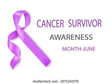 A banner of Cancer Survivors Awareness Day with a lavender ribbon. A symbol of cancer awareness. Realistic vector illustration isolated on a white background.