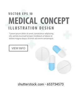 Banner capsules medicine and pills top view illustration vector on white background. Medical concept.