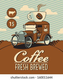 banner with car and cup of coffee on roof