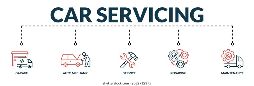 Banner of car servicing web vector illustration concept with lineal icons of garage, auto mechanic, service, repairing, maintenance