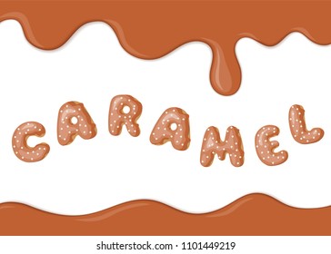 Banner with caramel texture and donuts font text. Vector backdrop.