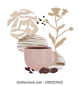 Banner or card backdrop with coffee cup and abstract decorative elements, flat vector illustration isolated. Coffee drink and beans.