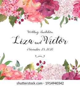 Banner, card with a blooming pink hydrangea, roses and leaves hand drawn in watercolor. Excellent use for invitations, greetings, wedding celebrations. Floral background. Vector