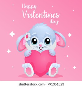 Banner or card. Bunny holding hearth with text on pink background with stars and gradient