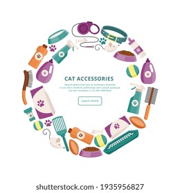 Banner or card for cats care accessories shop flat vector illustration isolated.