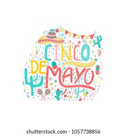 Banner or card for Cinco de Mayo celebration. Holiday poster with hand drawn calligraphy lettering, sombrero, cactus, chilli, tequila and maracas. Vector Mexican fiesta.