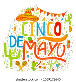 Banner or card for Cinco de Mayo celebration. Holiday poster with hand drawn calligraphy lettering, sombrero, cactus, chilli, tequila and maracas. Vector Mexican fiesta.