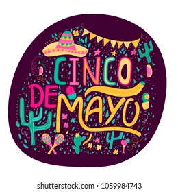 Banner or card for Cinco de Mayo celebration. Holiday poster with hand drawn calligraphy lettering, sombrero, cactus, chilli, tequila and maracas. Vector Mexican fiesta.