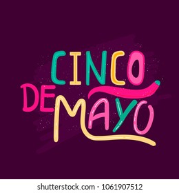 Banner or card for Cinco de Mayo celebration. Holiday poster with hand drawn calligraphy lettering, sombrero, cactus, chilli, tequila and maracas. Vector Mexican fiesta.