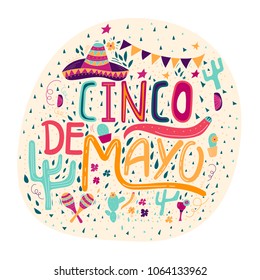 Banner or card for Cinco de Mayo celebration. Holiday poster with hand drawn calligraphy lettering, sombrero, cactus, chilli, tequila and maracas. Vector Mexican fiesta.