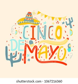 Banner or card for Cinco de Mayo celebration. Holiday poster with hand drawn calligraphy lettering, sombrero, cactus, chilli, tequila and maracas. Vector Mexican fiesta.
