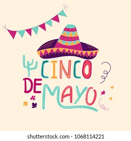 Banner or card for Cinco de Mayo celebration. Holiday poster with hand drawn calligraphy lettering, sombrero, cactus. Vector Mexican fiesta.