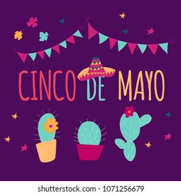 Banner or card for Cinco de Mayo celebration. Holiday poster with hand drawn calligraphy lettering, sombrero, cactus, chilli, tequila and maracas. Vector Mexican fiesta.