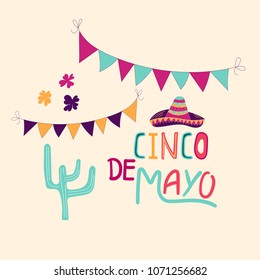 Banner or card for Cinco de Mayo celebration. Holiday poster with hand drawn calligraphy lettering, sombrero, cactus, chilli, tequila and maracas. Vector Mexican fiesta.