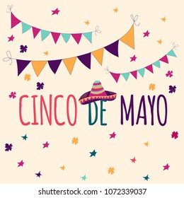 Banner or card for Cinco de Mayo celebration. Holiday poster with hand drawn calligraphy lettering, sombrero, cactus, chilli, tequila and maracas. Vector Mexican fiesta.