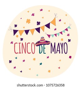 Banner or card for Cinco de Mayo celebration. Holiday poster with hand drawn calligraphy lettering, sombrero, cactus, chilli, tequila and maracas. Vector Mexican fiesta.