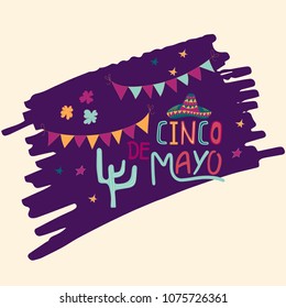 Banner or card for Cinco de Mayo celebration. Holiday poster with hand drawn calligraphy lettering, sombrero, cactus, chilli, tequila and maracas. Vector Mexican fiesta.