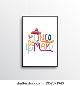 Banner or card for Cinco de Mayo celebration. Holiday poster with hand drawn calligraphy lettering, sombrero, cactus, chilli, tequila and maracas. Vector Mexican fiesta. May, federal holiday in Mexico
