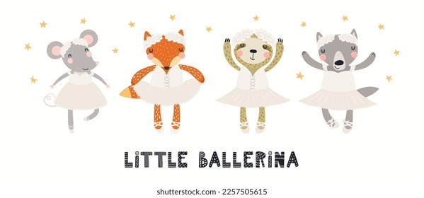 Cartel con chicas lindas, bailarinas de ballet, cita a la bailarina pequeña, aislada en blanco. Ilustración vectorial dibujada a mano. Diseño plano de estilo escandinavo. Concepto de moda infantil, impresión textil