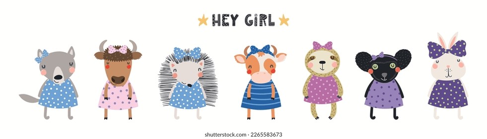 Banner, card with cute animal girls, little princesses, quote Hey girl, isolated on white. Hand drawn vector illustration. Scandinavian style flat design. Concept for kids fashion, textile print