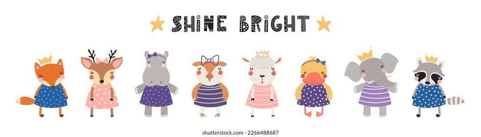Banner, card with cute animal girls, little princesses, quote Shine bright, isolated on white. Hand drawn vector illustration. Scandinavian style flat design. Concept for kids fashion, textile print
