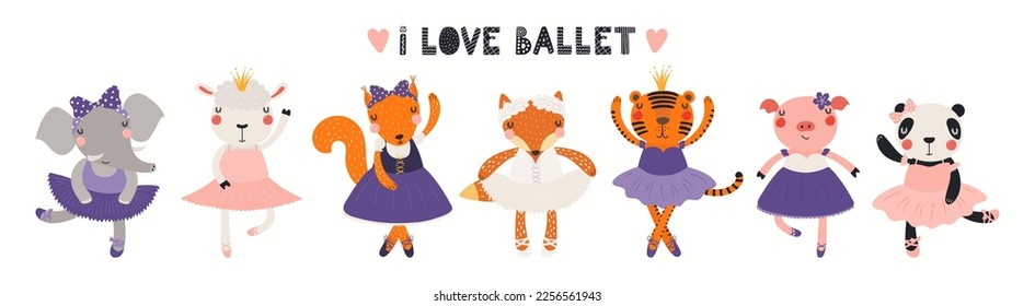 Banner, card with cute animals, ballerina girls, dancers, quote I love ballet, isolated on white. Hand drawn vector illustration. Scandinavian style flat design. Concept kids fashion, textile print