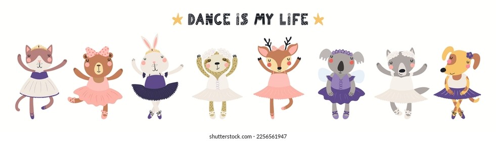 Cartel con animales lindos, bailarinas de ballet, citas, aisladas en blanco. Ilustración vectorial dibujada a mano. Diseño plano de estilo escandinavo. Concepto de moda infantil, impresión textil