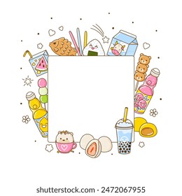 Banner card with cute asian food elements - cartoon illustration of traditional japanese sweets and drinks isolated on white background for Your kawaii design