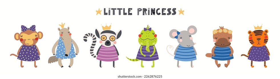 Banner, card with cute funny animal girls in dresses, quote Little princess, isolated on white. Hand drawn vector illustration. Scandinavian style flat design. Concept for kids fashion, textile print