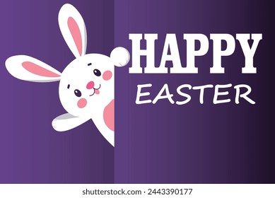 Banner or card, with cute rabbit, with the text, written Happy Easter