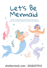 Banner or card design with undersea mermaids, flat vector illustration. Fantasy poster template for web or print with cute fairy tale mermaids creatures.