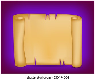 Banner, card with empty paper scroll on colorful background. Blank vector ancient scroll of parchment wallpaper. Poster or brochure for your design.