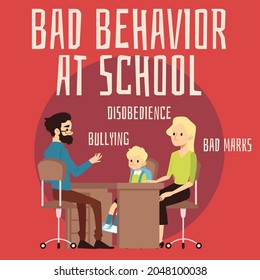 Banner or card with family discussing with psychologist kids bad behavior at school. Child obedience counselor and behavior correction, flat vector illustration.