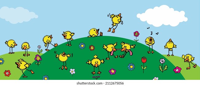 banner or card with a flock of crazy yellow chickens running on the grass with humor and emotions