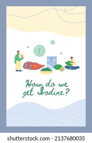 Banner or card with food sources of iodine, cartoon flat vector illustration. Poster to ensure level of iodine for health of body from plants, meat and seafood.