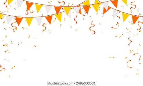 Banner, card, frame with paper flag and confetti holiday, birthday, anniversary, event and sport